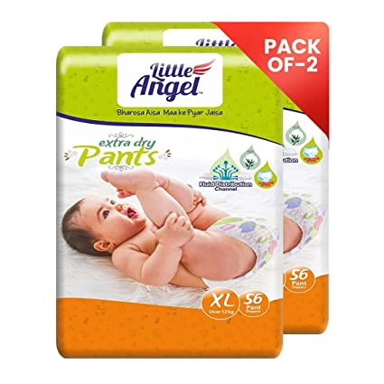 Little Angel Extra Dry Baby Pants Diaper, Extra Large (XL) Size, 112 Count, Super Absorbent Core Up to 12 Hrs. Pack of 2, 56 count/pack, Over 12kg