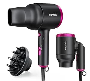 Wavytalk Hair Dryer with Diffuser, Foldable Hair Blow Dryer, 1600W Lightweight Diffuser Hair Dryer for Curly Hair, Black