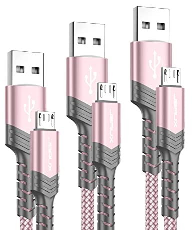 Micro USB Charger Cable, JSAUX (3-Pack 3.3ft 6.6ft 10ft) Android Charger Micro USB to USB A Nylon Braided Cord Compatible with Samsung Galaxy S6 S7 Edge Note 5, Kindle and More-Pink