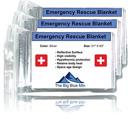 Emergency Blanket Survival Gear (3 pack) Solar Heat Protective Thermal Foil Insulation Space Blankets for Bug Out Bag Outdoor Camping Hiking Backpacking Fishing Hunting Marathon by The Big Blue Mtn