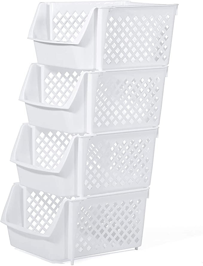 Titan Mall Stackable Storage Bins for Food, Snacks, Bottles, Toys, Toiletries, Plastic Storage Baskets Set of 4, 15x10x7 Inch/bin, All White Color, Storage Sins Stackable for Space Saving
