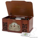 Electrohome Wellington Record Player Retro Vinyl Turntable Real Wood Stereo System AMFM Radio CD USB for MP3 Vinyl-to-MP3 Recording Headphone Jack and AUX Input for Smartphones EANOS502
