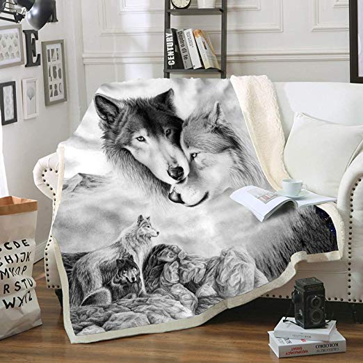 HOME Gray Wolf Blanket Comfort Warmth Soft Cozy Air Conditioning Machine Wash Black and White Rose Skull Sherpa Fleece Blanket (Throw 60"x80") (Gray Wolf)