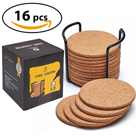 Natural Cork Coasters With Round Edge 4” 16pc Set with Metal Holder Storage Caddy – 1/5” Thick, Absorbent, Eco-Friendly, Heat-Resistant, Reusable Saucers for Cold Drinks, Wine Glasses, Cups & Mugs