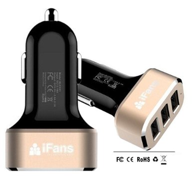 Car ChargeriFans 66A 33W Portable Travel Charger Rapid 3 USB Ports Car Charger with Smart Sharing IC for iPhone 6 5 5s 5c 4 4s iPad 4 3 2 iPad Mini iPad Air iPad Mini Retina iPad Touchsamsung Galaxy S5 S4 S3 S2 Note 4 3 Other Android Smartphonetablets --BlackGold
