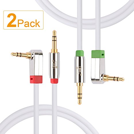 Super HD 3.5mm Aux Stereo Audio Cable Tangle-Free Slim Cable Angled Male Type for Car,PC,Tablets,Smartphones and MP3 players -24K Gold Plated Step Down Design Metal Connectors with High Purity OFC Conductor -2Feet-2Pack