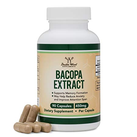 Bacopa Monnieri Capsules – 450mg, 90 Count (Made in USA) NON-GMO, Gluten Free, Concentrated 20% Bacosides Extract by Double Wood Supplements