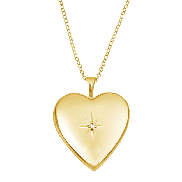 14K Gold Photo Locket Pendant with Diamond, Heart Shape with Necklace Chain by Juliette Collection