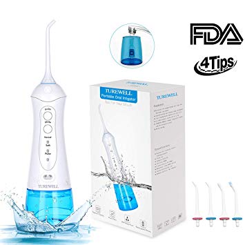 Water Flosser Cordless Oral Irrigator, Turewell Portable Oral Irrigator IPX7 Waterproof 3 Modes Water Flossing with 4 Jet Tips and 300ml Reservoir for Travel and Family Use, Kids and Adults