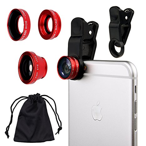 Universal 3 in1 Camera Lens Kit for Smart phones includes One Fish Eye Lens / One 2 in 1 Macro Lens and Wide Angle Lens / One Universal Clip / One Microfiber Carrying Bag / with Camkix Retail Packaging - Compatible with iPhone, Samsung Galaxy, HTC, Motorola, Tablets, iPad, and Laptops (Red)