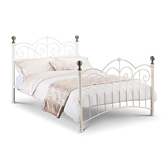 Victorian Metal Bed, Happy Beds Isabel Stone White Steel Traditional Bed Frame - 4ft6 Double (135 x 190 cm) with Orthopaedic Mattress Included