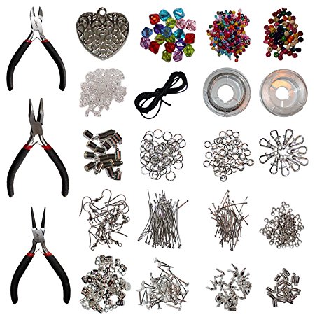 1000 Piece Jewelry Making Findings Supplies Kit with Pliers by Kurtzy - Silver Plated Starter Set - Craft Wire, Hoops for Pendants, Plier Set, Cutting Tool, Beads and More - Massive Accessories Kit