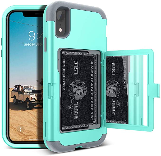 iPhone XR Wallet Case - WeLoveCase Defender Wallet Design with Card Holder and Hidden Back Mirror Three Layer Heavy Duty Protection Shockproof All-Round Armor Protective Case for iPhone XR Mint Green