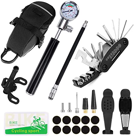 Odoland Bike Pump,Patch Tool, 210 PSI Bike Pump with Gauge, Fits Presta and Schrader Valve, Portable Bike tire Pump with Complete Set of Bike Repair Kit and Black Work Bag