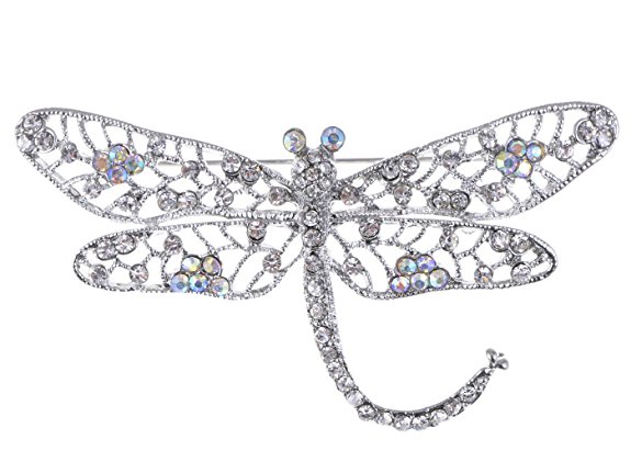 Alilang Silvery Tone Iridescent Clear Colored Rhinestone Dragonfly Insect Wings Brooch Pin