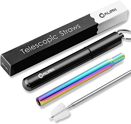 ALINK Reusable Portable Collapsible Straws, Telescopic Foldable Stainless Steel Metal Rainbow Straws with Black Case and Cleaning Brush