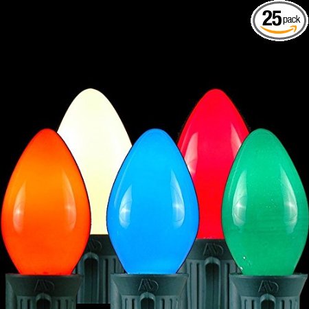 Novelty Lights 25 Pack C7 Outdoor String Light Ceramic Christmas Replacement Bulbs, Multi, C7/E12 Candelabra Base, 5 Watt