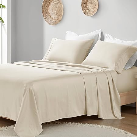 Madison Park Organic Cotton Sheet Soft & Breathable 300TC Cotton Sheets, Elastic Deep Pocket Sheet Set Fits Up to 18" Mattress, All Seasons, Lightweight, 100% Cotton Bed Sheets, Queen Taupe 4 Piece