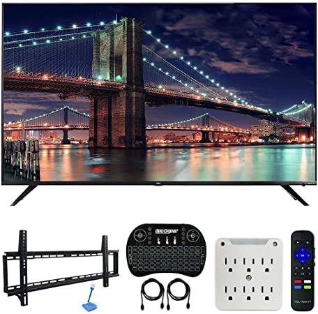 TCL 75R617 75-inch 6-Series 4K UHD Dolby Vision HDR Roku Smart TV (2019) Bundle with 37-70-inch Low Profile Wall Mount Kit, Deco Gear Wireless Keyboard and 6-Outlet Surge Adapter with Night Light