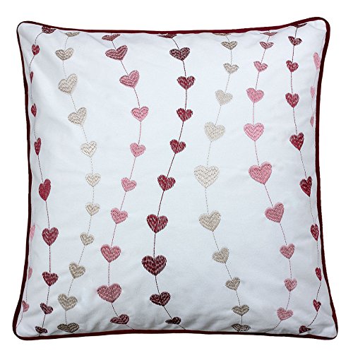 Homey Cozy Valentine's Day Embroidery White Velvet Throw Pillow Cover,Fall in Love Heart with Red Piping Fuzzy Cozy Home Decoration Gift Idea 20 x 20,Cover Only