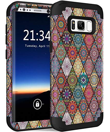 Galaxy S8 Case, Hocase Drop Protection Shock Resistant Silicone Rubber Bumper Hard Shell Hybrid Full Body Protective Phone Case w/Mandala Floral Print Samsung Galaxy S8 2017 - Black