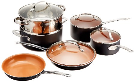 Gotham Steel 10-Piece Kitchen Nonstick Frying Pan and Cookware Set, Brown/Transparent, Standard