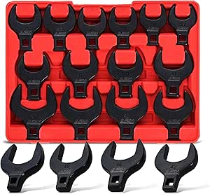 ABN Crows Foot 14 pc Wrench Set Metric, Crows Foot For Tight Clearance Brake Line Wrench Set for 27 to 50 mm Flare Nuts - Offset Open End Wrenches for Hard to Reach Jobs