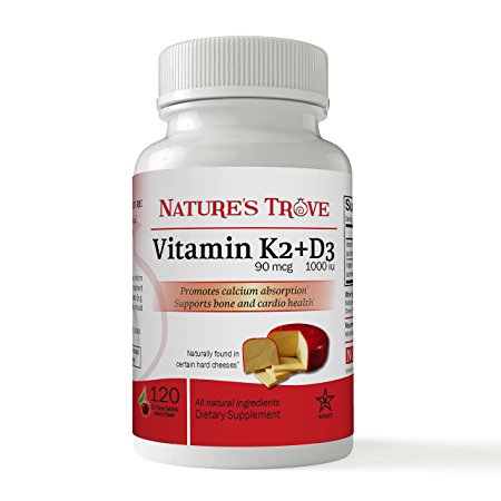 Vitamin K2 (Mk-7) with D3 by Nature's Trove - 120 EZ-Chew Tablets Cherry Flavor