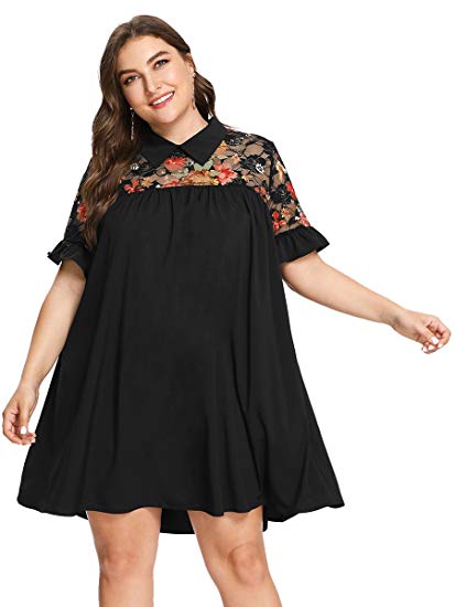 Romwe Women's Plus Size Floral Lace Short Sleeve Ruffle Summer Beach Swing Tunic Dress