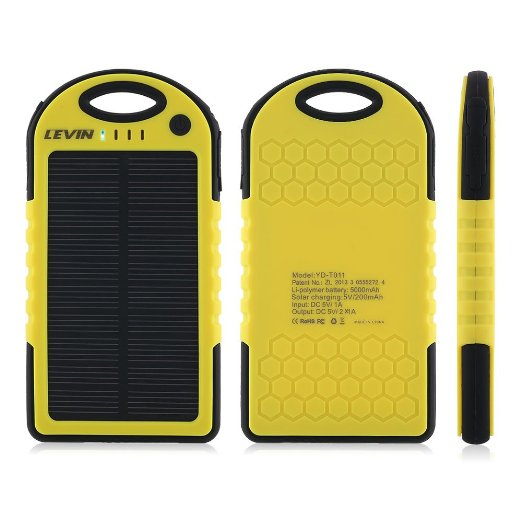 Solar ChargerLevin 6000mAh RainDirtShockproof Dual USB Port Portable Charger Backup External Battery Power Pack for iPhone  iPad Air Other iPads iPodsApple Adapters not Included Samsung Galaxy Most Kinds of Android Smart Phones and Tablets and More Other Devices yellow