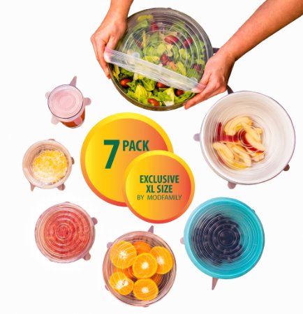 Silicone Stretch Lids (7 pack, includes EXCLUSIVE XL SIZE), Reusable, Durable and Expandable to Fit Various Sizes and Shapes of Containers. Superior for Keeping Food Fresh, Dishwasher and Freezer Safe