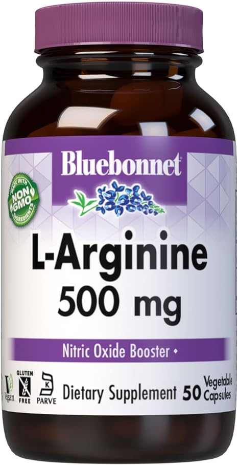 Bluebonnet Nutrition L-Arginine 500mg, Free-Form Amino Acid, Nitric Oxide Precursor, Soy-Free, Gluten-Free, Non-GMO, Kosher Certified, 50 Vegetable Capsules, 50 Servings