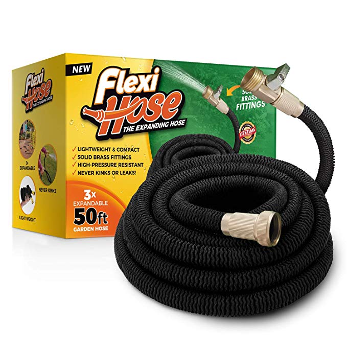 FlexiHose Upgraded Expandable 50 FT Garden Hose, Extra Strength, 3/4" Solid Brass Fittings - The Ultimate No-Kink Flexible Water Hose (Black)