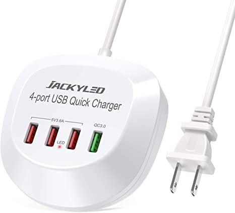 USB Charger Hub with Quick Charge 3.0 JACKYLED 4 USB Ports Portable Fast Charging Station for Multiple Devices Compatible with iPhone iPad Galaxy Home Office Nightstand Desktop Travel Cruise White