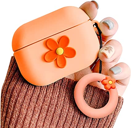 Ownest Compatible for AirPods Case Cute Cartoon Flower Pattern Girls Woman Soft Silicone Shockproof Keychain Design Cover for Airpods Pro-Orange