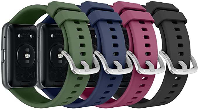 MoKo 4-Pack Straps Compatible with Huawei Watch Fit Active/Elegant Smartwatch, Soft Silicone Replacement Watch Band Bracelet Wristband, Wine Red/Midnight Blue/Dark Green/Graphite Black