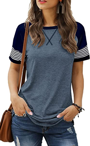 Sieanear Womens T Shirts Short Sleeve Striped Color Block Leopard Casual Tops