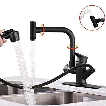 Hoimpro Pull Down Kitchen Faucet, High-Arc Single Handle Rv Kitchen Sink Faucet with Pull Out Sprayer and 360 Degree Swivel Sprayer , 2 Spout Utility Water Faucet, Brass/Matte Black (1 & 3 Hole)