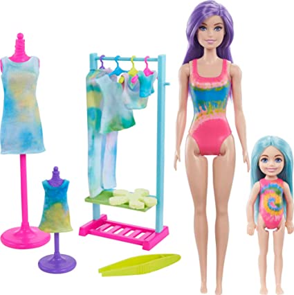 Barbie Color Reveal Gift Set, Tie-Dye Fashion Maker, Color Reveal Barbie Doll, Chelsea ​Doll and Pet, Tie-Dye Tools and Dye-able Fashions​