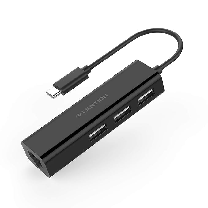 LENTION USB-C to 3 USB Ports Hub   RJ45 Ethernet LAN Adapter Compatible Apple MacBook Pro 13/15 (Thunderbolt 3), MacBook Air 2018, MacBook 12, Chromebook, Surface Book 2/Go, More (Black)