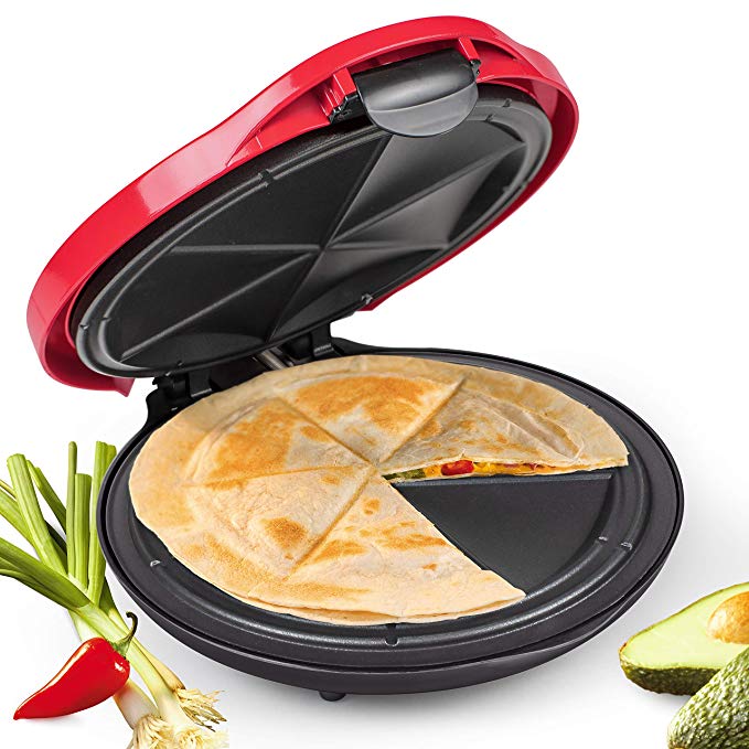 NOSTALGIA EQM10 Deluxe 10-Inch 6-Wedge Electric Quesadilla Maker with Extra Stuffing Latch, 10 inch, Red