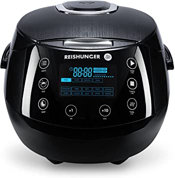 Reishunger Digital Rice Cooker and Steamer, Black, Timer - 8 Cups - Premium Inner Pot, Multi Cooker with 12 Programs & 7-Phase Technology for Brown Rice, Soups, Grains, Oatmeal & more - 1-8 People