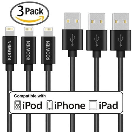Lightning Cable, KOOWIEN 3Pack 3ft 8pin Lightning to USB Charging and Syncing Cord for iphone 6/6s Plus/SE/5/5s/5c, iPad mini/Air/Pro iPod touch - Black