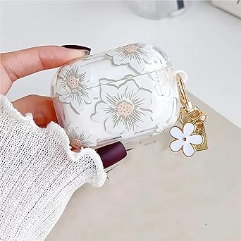 Olytop for Airpods Pro 2nd/1st Generation Case Clear with Cleaner Pen,Cute Flower Airpods Pro 2 Gen Cover Protective Skin Girl Women with Floral Keychain for iPod 2nd/1st Gen 2023/2022/2019 - White