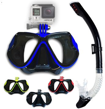Alias Snorkeling mask set with dry snorkel and FREE carrying bag. Anti-fog Diving mask with Gopro camera mount
