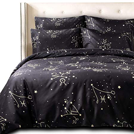 NTBAY 3 Pieces Duvet Cover Set, Brushed Microfiber, Constellation Patterns Printed, Bedding, Black Constellation, Queen