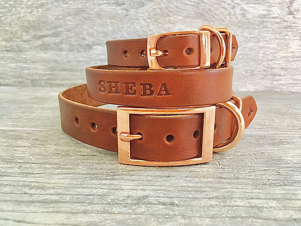 Handmade Personalized Brown Leather Dog Collar with Rose Gold-tone Hardware and FREE Name, Choose Your Font