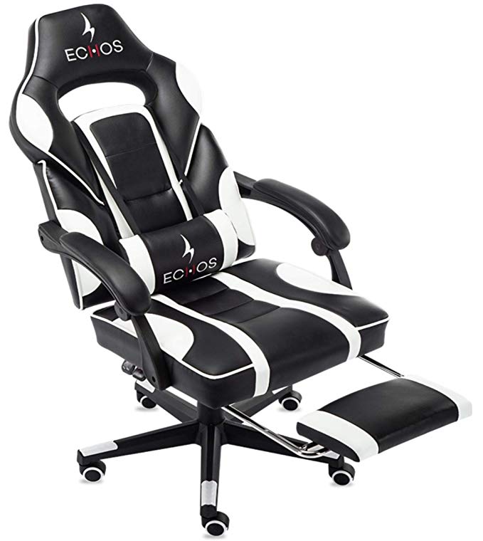 ECHOS Gaming Chair PC Racing Office Chair High Back Computer Desk Chair PU Leather Chair Executive and Ergonomic Adjustable Swivel Chair with Footrest and Lumbar Support, Black and White