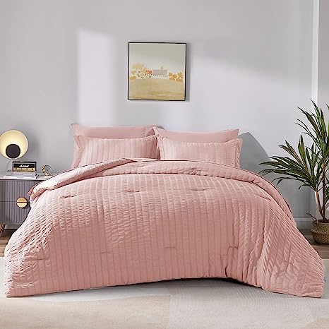 CozyLux Twin Bed in a Bag Pink Seersucker Textured Comforter Set with Sheets 5-Pieces for Girls and Boys - Bedding Sets with Comforter, Pillow Sham, Flat Sheet, Fitted Sheet, Pillowcase