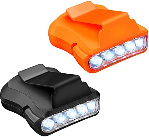 2 Pieces 5-LED Cap Hat Lights Mini Rotatable Headlamp Flashlights Ball Cap Clip-on Hat Light Cap Visor Light for Camping Running Working Hard Hats Cycling Walking Hiking with 5 Extra Battery Buttons